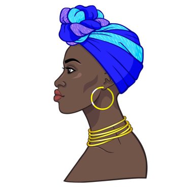 Animasyon bir türban genç güzel Afrikalı kadın portresi. Profil görünümü. Çizim rengi. Beyaz bir arka plan üzerinde izole vektör çizim. Baskı, poster, tişört, kart.