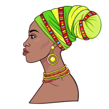 Animasyon bir türban genç güzel Afrikalı kadın portresi. Profil görünümü. Çizim rengi. Beyaz bir arka plan üzerinde izole vektör çizim. Baskı, poster, tişört, kart.