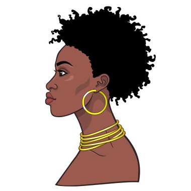 Animasyon genç güzel Afrikalı kadın portresi. Profil görünümü. Çizim rengi. Beyaz bir arka plan üzerinde izole vektör çizim. Baskı, poster, tişört, kart.