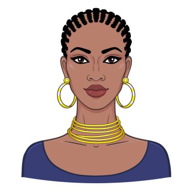 Animasyon genç güzel Afrikalı kadın portresi. Çizim rengi. Beyaz bir arka plan üzerinde izole vektör çizim. Baskı, poster, tişört, kart.