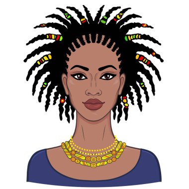 Animasyon genç güzel Afrikalı kadın portresi. Çizim rengi. Beyaz bir arka plan üzerinde izole vektör çizim. Baskı, poster, tişört, kart.