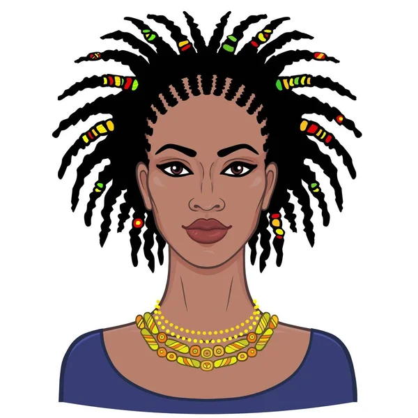 Animasyon Genç Güzel Afrikalı Kadın Portresi Çizim Rengi Beyaz Bir — Stok Vektör