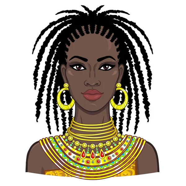 Animatie Portret Van Jonge Mooie Afrikaanse Vrouw Kleur Tekenen Vectorillustratie — Stockvector