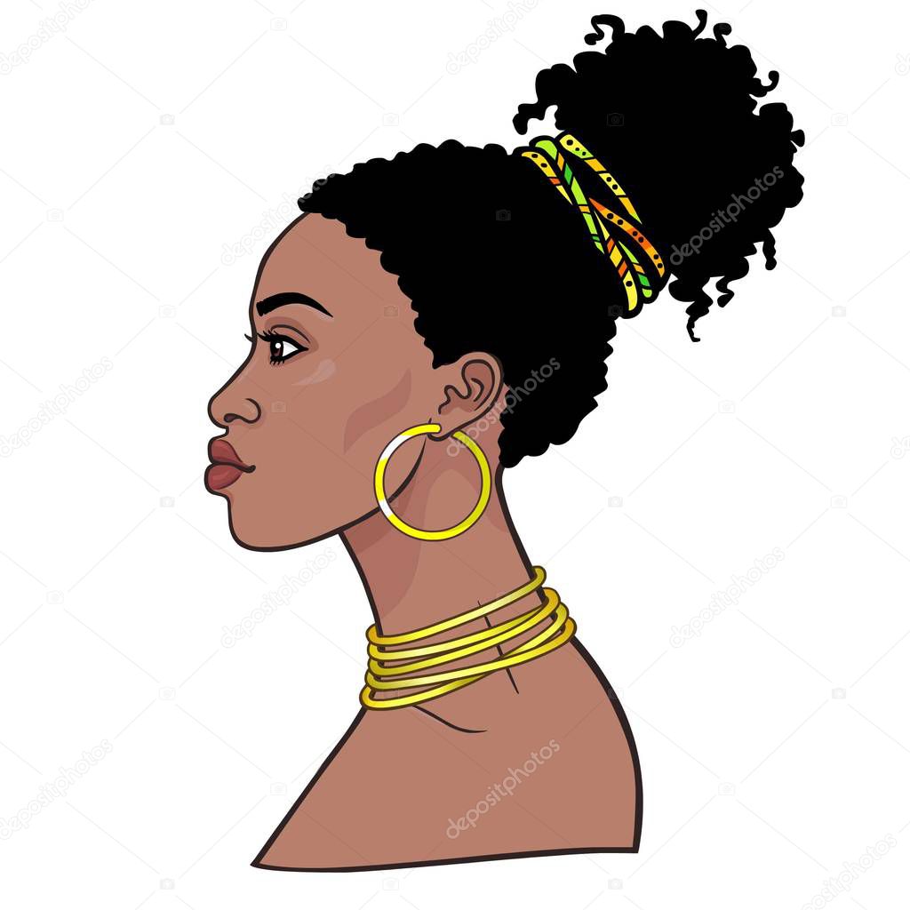 Animation portrait of the young beautiful African woman. Profile view.  Color drawing. Vector illustration isolated on a white background. Print, poster, t-shirt, card.