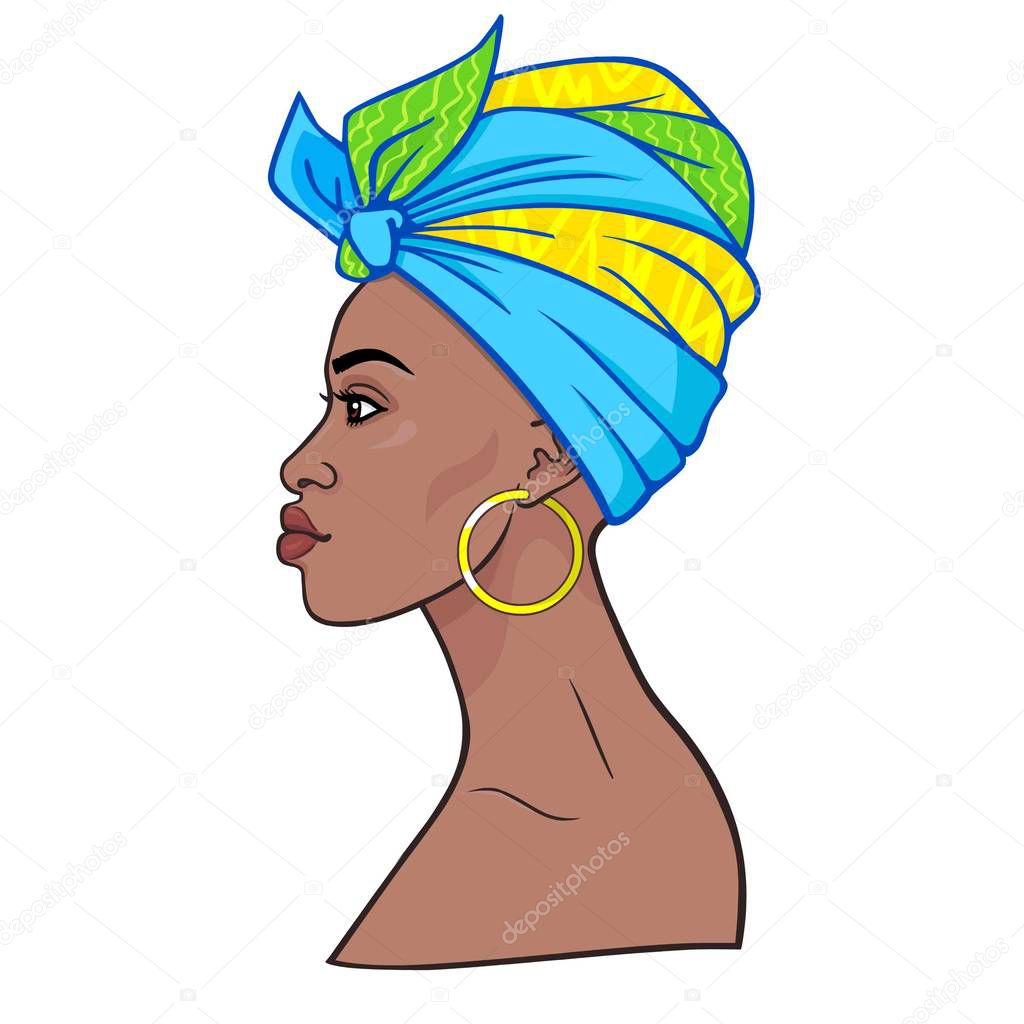 Animation portrait of the young beautiful African woman in a turban. Profile view. Color drawing. Vector illustration isolated on a white background. Print, poster, t-shirt, card.