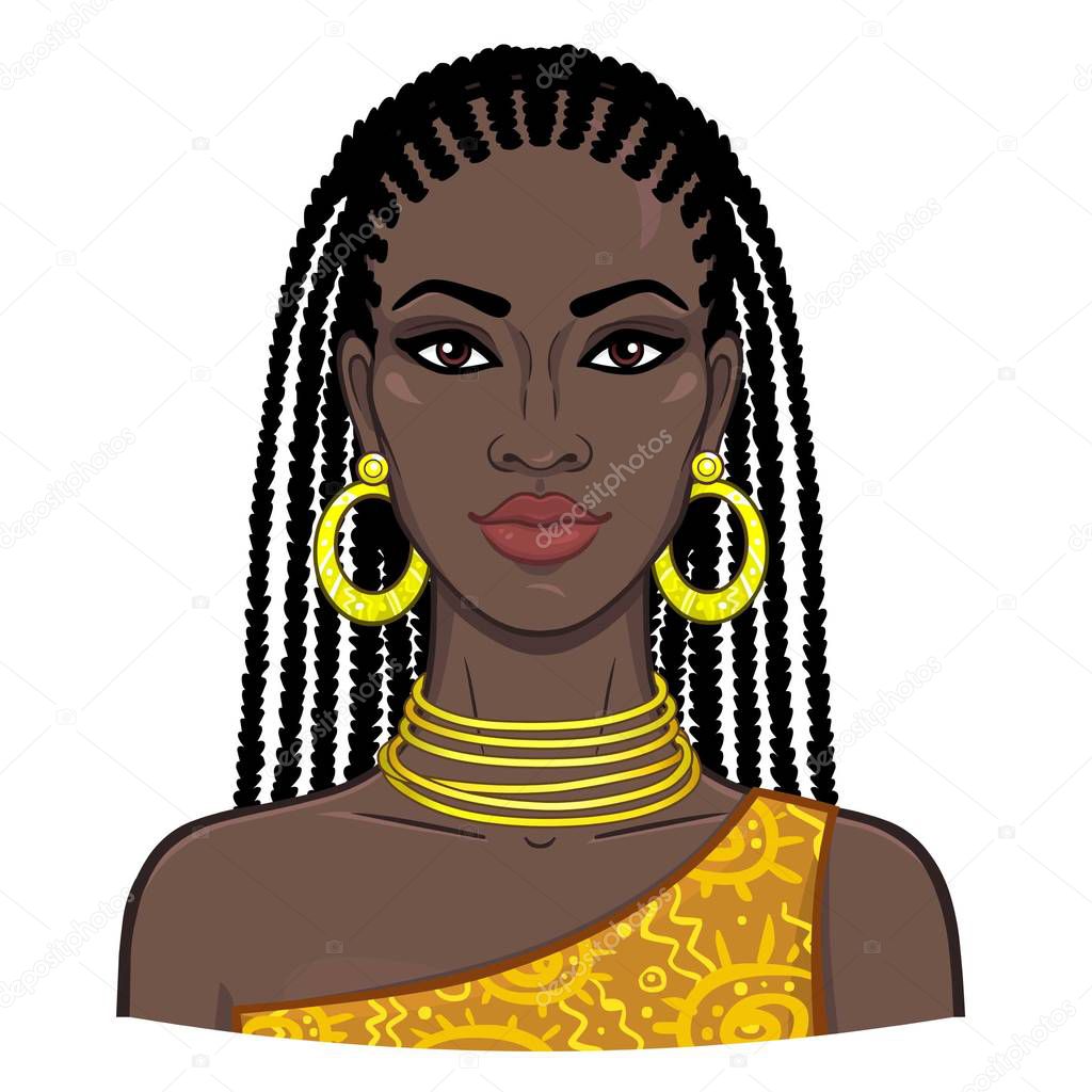 Animation portrait of the young beautiful African woman. Color drawing. Vector illustration isolated on a white background. Print, poster, t-shirt, card.