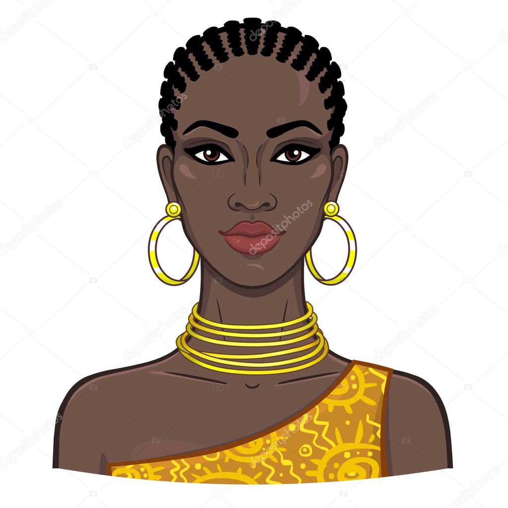 Animation portrait of the young beautiful African woman. Color drawing. Vector illustration isolated on a white background. Print, poster, t-shirt, card.