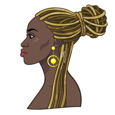 Animasyon bir dreadlocks içinde genç güzel Afrikalı kadın portresi. Profil görünümü. Çizim rengi. Beyaz bir arka plan üzerinde izole vektör çizim. Baskı, poster, tişört, kart.