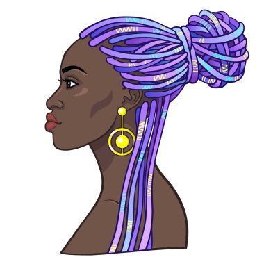 Animasyon bir dreadlocks içinde genç güzel Afrikalı kadın portresi. Profil görünümü. Çizim rengi. Beyaz bir arka plan üzerinde izole vektör çizim. Baskı, poster, tişört, kart.