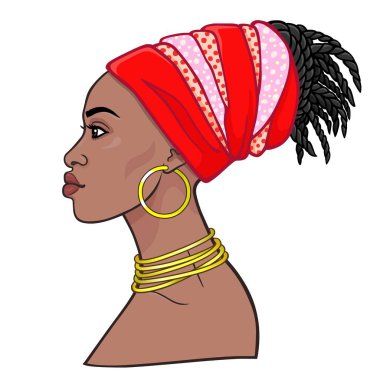 Animasyon bir türban genç güzel Afrikalı kadın portresi. Profil görünümü. Çizim rengi. Beyaz bir arka plan üzerinde izole vektör çizim. Baskı, poster, tişört, kart.