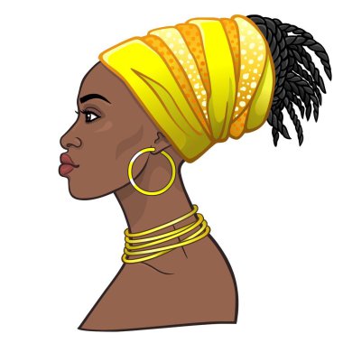 Animasyon bir türban genç güzel Afrikalı kadın portresi. Profil görünümü. Çizim rengi. Beyaz bir arka plan üzerinde izole vektör çizim. Baskı, poster, tişört, kart.