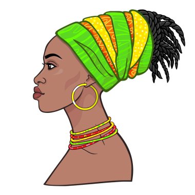 Animasyon bir türban genç güzel Afrikalı kadın portresi. Profil görünümü. Çizim rengi. Beyaz bir arka plan üzerinde izole vektör çizim. Baskı, poster, tişört, kart.