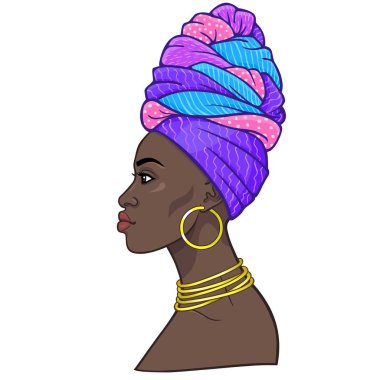 Animasyon bir türban genç güzel Afrikalı kadın portresi. Profil görünümü. Çizim rengi. Beyaz bir arka plan üzerinde izole vektör çizim. Baskı, poster, tişört, kart.
