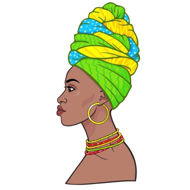 Animasyon bir türban genç güzel Afrikalı kadın portresi. Profil görünümü. Çizim rengi. Beyaz bir arka plan üzerinde izole vektör çizim. Baskı, poster, tişört, kart.