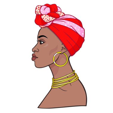 Animasyon bir türban genç güzel Afrikalı kadın portresi. Profil görünümü. Çizim rengi. Beyaz bir arka plan üzerinde izole vektör çizim. Baskı, poster, tişört, kart.