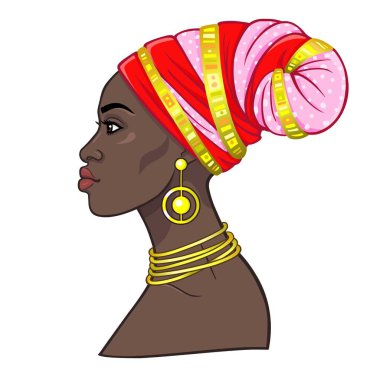 Animasyon bir türban genç güzel Afrikalı kadın portresi. Profil görünümü. Çizim rengi. Beyaz bir arka plan üzerinde izole vektör çizim. Baskı, poster, tişört, kart.