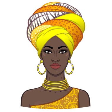 Animasyon bir türban genç güzel Afrikalı kadın portresi. Çizim rengi. Beyaz bir arka plan üzerinde izole vektör çizim. Baskı, poster, tişört, kart.