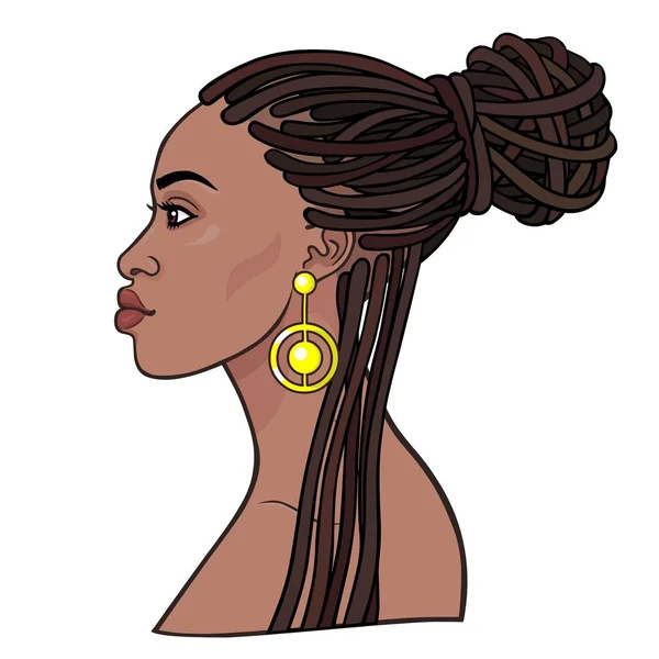 Animation Portrait Young Beautiful African Woman Dreadlocks Profile View Color — Stock Vector