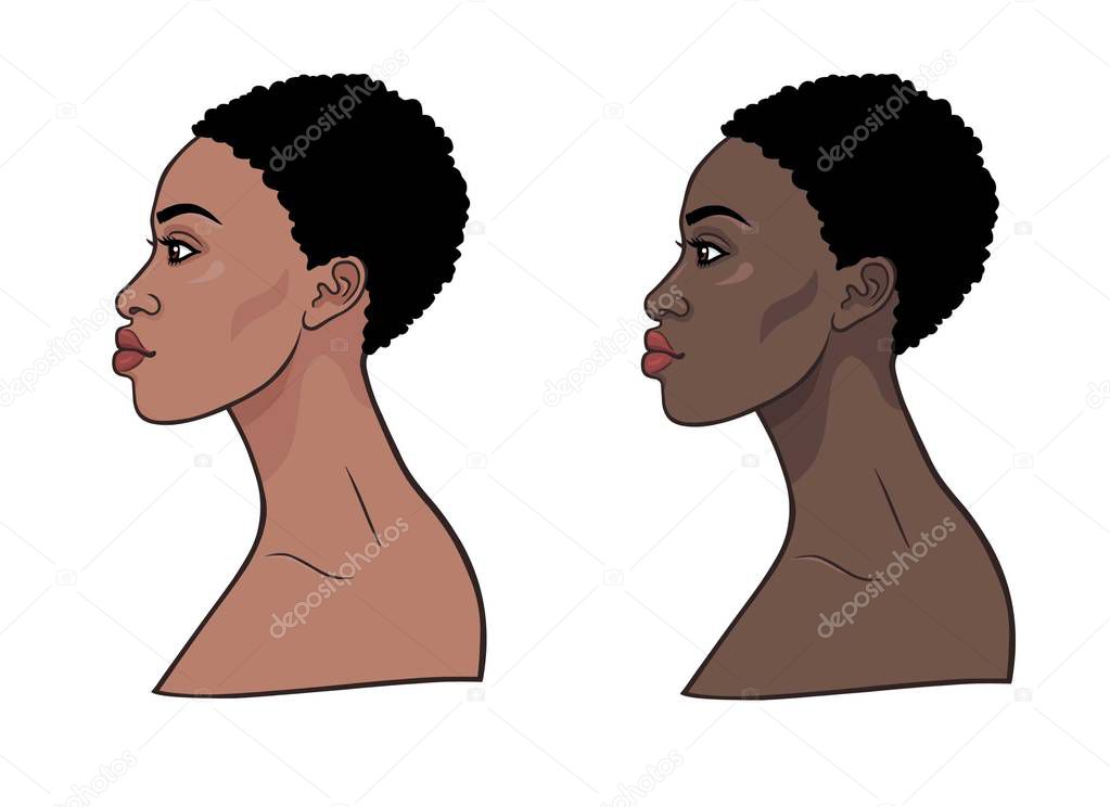 Animation portrait of the young African woman. Profile view. Two color options.  Template for drawing. Vector illustration isolated on a white background. 