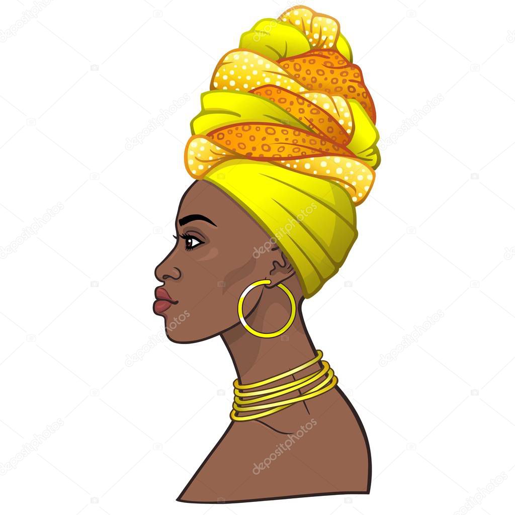Animation portrait of the young beautiful African woman in a turban. Profile view. Color drawing. Vector illustration isolated on a white background. Print, poster, t-shirt, card.