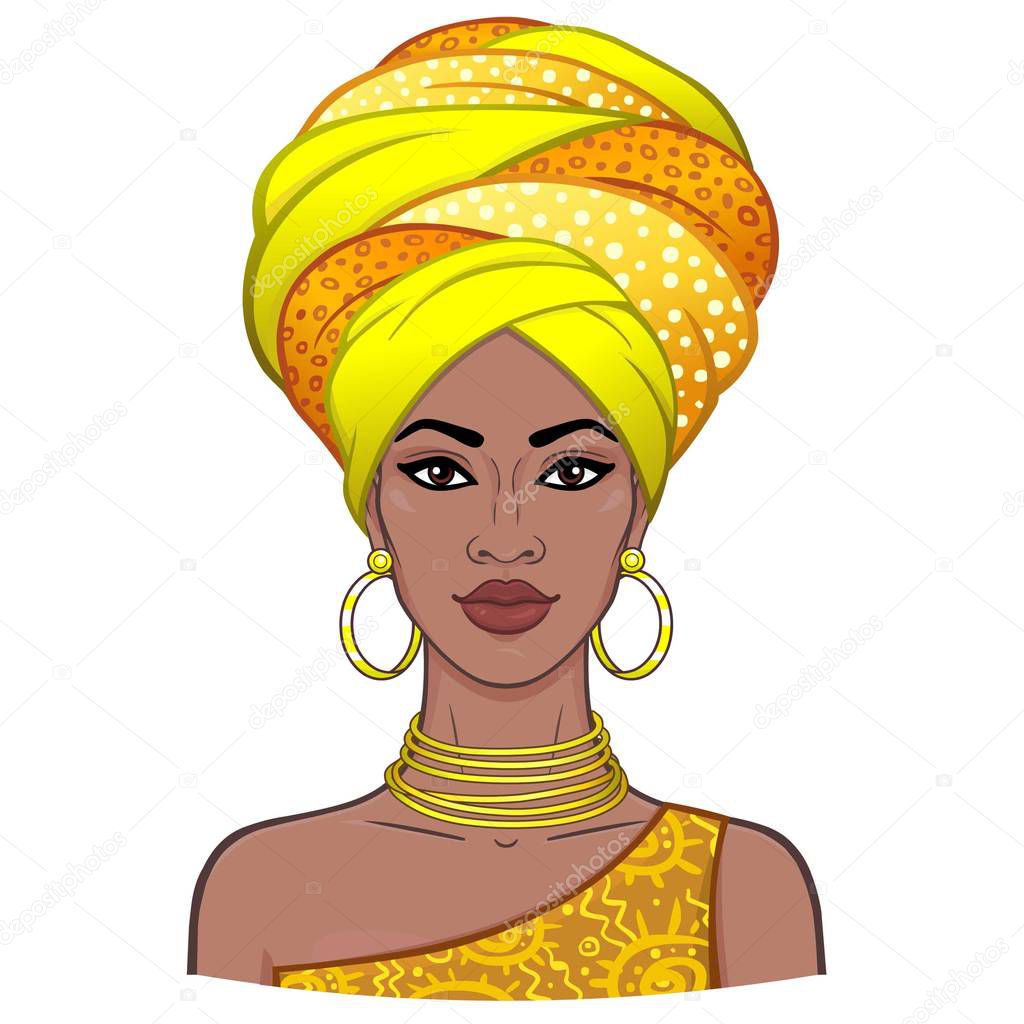 Animation portrait of the young beautiful African woman in a turban. Color drawing. Vector illustration isolated on a white background. Print, poster, t-shirt, card.
