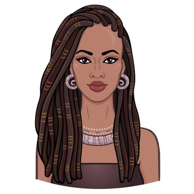 Animasyon bir dreadlocks içinde genç güzel Afrikalı kadın portresi. Çizim rengi. Beyaz bir arka plan üzerinde izole vektör çizim. Baskı, poster, tişört, kart.