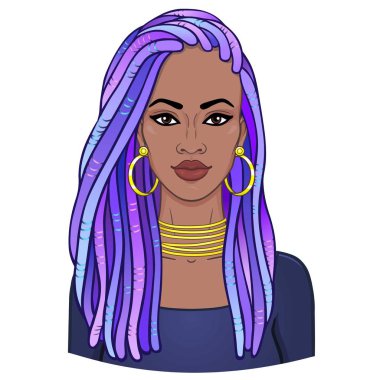 Animasyon bir dreadlocks içinde genç güzel Afrikalı kadın portresi. Çizim rengi. Beyaz bir arka plan üzerinde izole vektör çizim. Baskı, poster, tişört, kart.