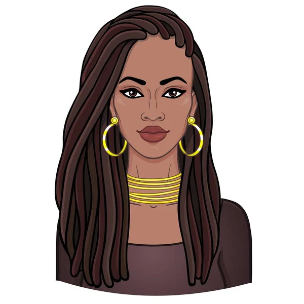 动画肖像的年轻美丽的非洲妇女在一个长发绺 彩色绘图 在白色背景上查出的向量例证 — 图库矢量图片