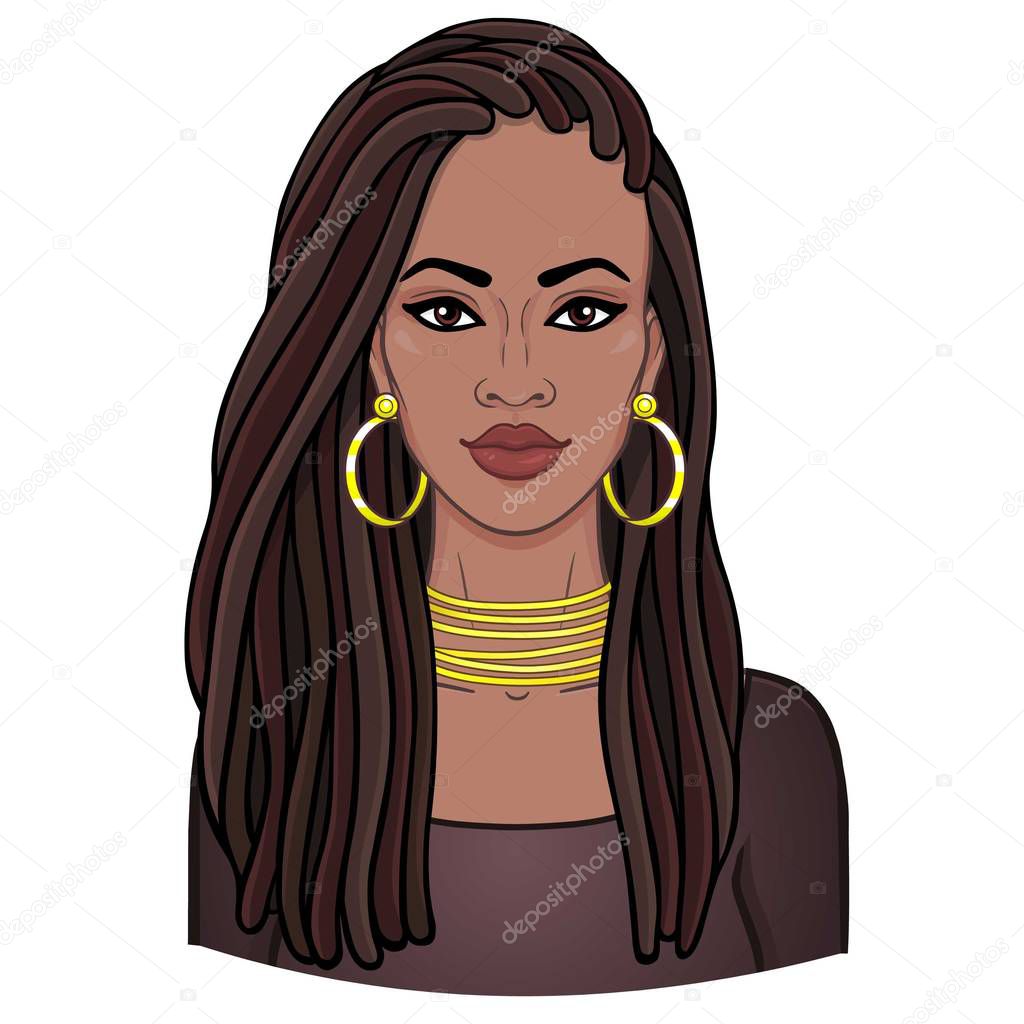 Animation portrait of the young beautiful African woman  in a dreadlocks. Color drawing. Vector illustration isolated on a white background. Print, poster, t-shirt, card.