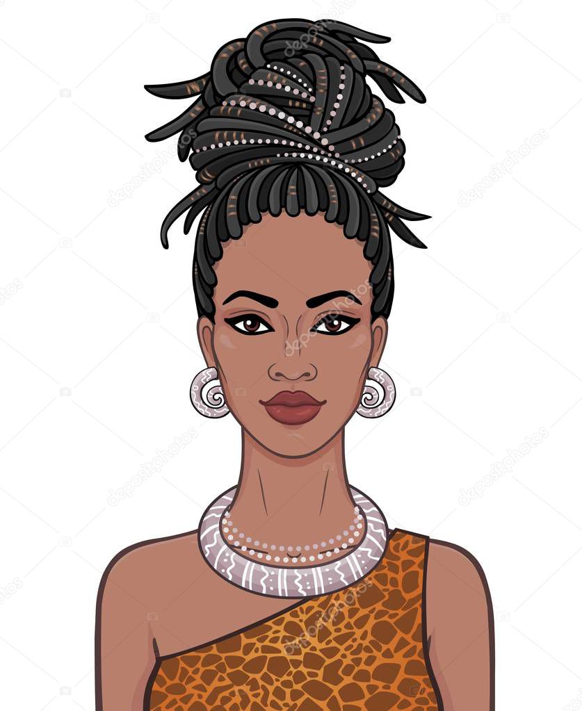 Animation portrait of the young beautiful African woman  in a dreadlocks. Color drawing. Vector illustration isolated on a white background. Print, poster, t-shirt, card.