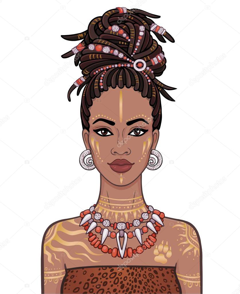 Animation portrait of the young beautiful African woman  in a dreadlocks. Color drawing. Vector illustration isolated on a white background. Print, poster, t-shirt, card.