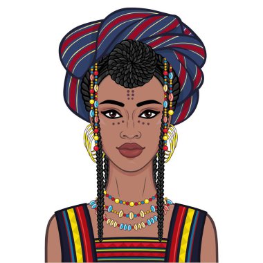 Animasyon sarık ve eski elbise genç Afrikalı kadın portresi. Çizim rengi. Beyaz bir arka plan üzerinde izole vektör çizim. Baskı, poster, tişört, kart.