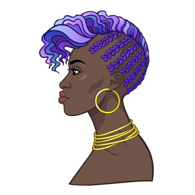 Animasyon genç Afrikalı kadın portresi. Profil görünümü. Çizim rengi. Beyaz bir arka plan üzerinde izole vektör çizim. Baskı, poster, tişört, kart.