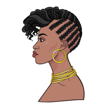 Animasyon genç Afrikalı kadın portresi. Profil görünümü. Çizim rengi. Beyaz bir arka plan üzerinde izole vektör çizim. Baskı, poster, tişört, kart.