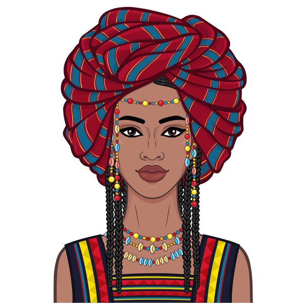Animation portrait of the young African woman in a turban and ancient clothes.  Color drawing. Vector illustration isolated on a white background. Print, poster, t-shirt, card.