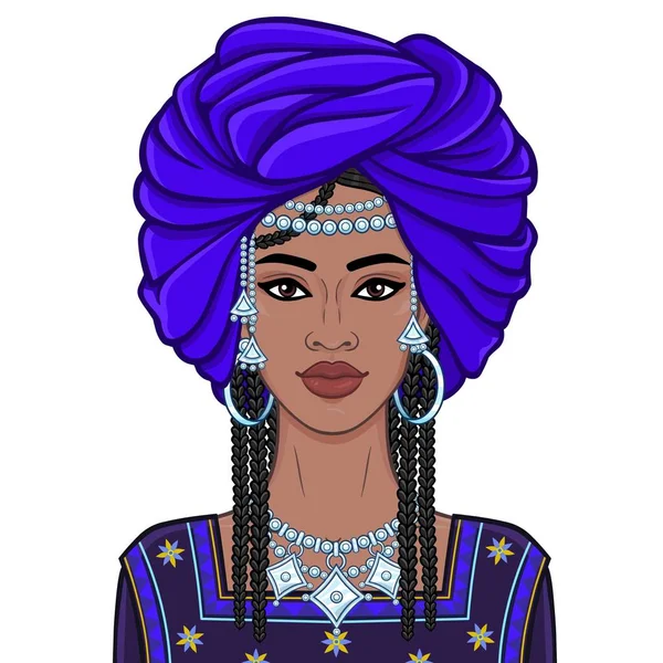 Portrait Animation Jeune Femme Africaine Dans Turban Des Vêtements Anciens — Image vectorielle