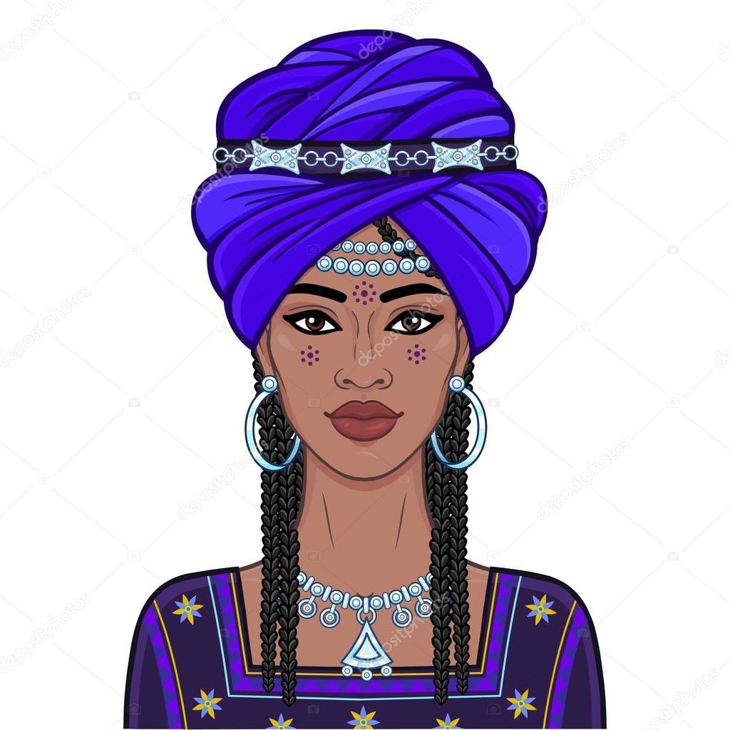 Animation portrait of the young African woman in a turban and ancient clothes.  Color drawing. Vector illustration isolated on a white background. Print, poster, t-shirt, card.