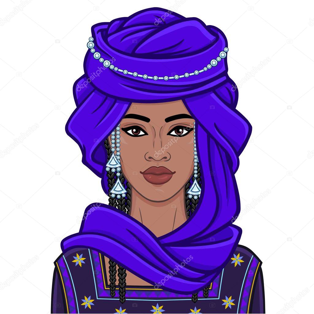 Animation portrait of the young African woman in a turban and ancient clothes.  Color drawing. Vector illustration isolated on a white background. Print, poster, t-shirt, card.