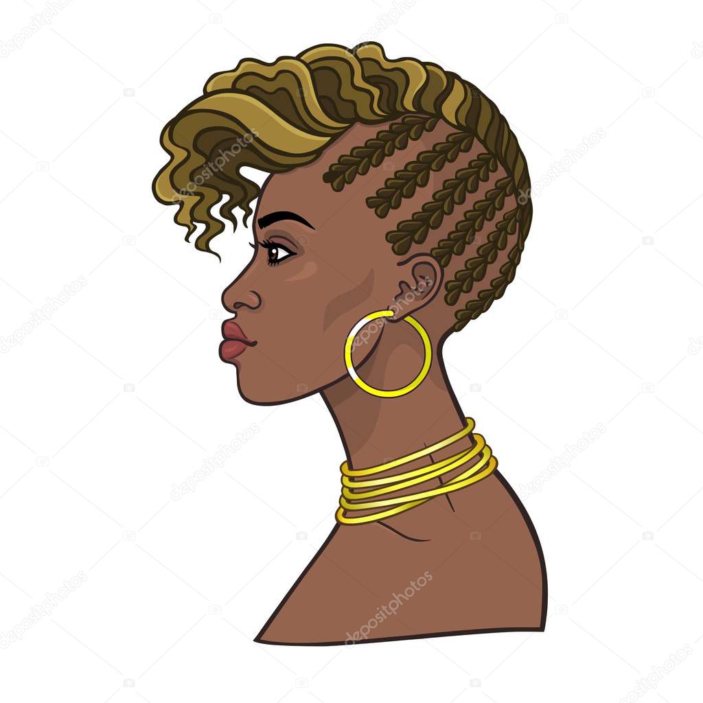 Animation portrait of the young African woman. Profile view. Color drawing. Vector illustration isolated on a white background. Print, poster, t-shirt, card.