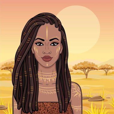 Animasyon bir dreadlocks içinde genç güzel Afrikalı kadın portresi. Savana Prenses, Amazon, avcı. Arka plan - bir manzara çöl. Metin için yer. Vektör çizim.