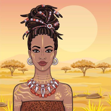 Animasyon bir dreadlocks içinde genç güzel Afrikalı kadın portresi. Savana Prenses, Amazon, avcı. Arka plan - bir manzara çöl. Metin için yer. Vektör çizim.