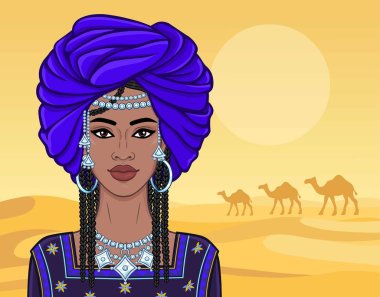 Animasyon sarık ve eski giysiler güzel Afrikalı kadın portresi. Arka plan - develer çöl, ticaret kervanı manzara. Metni için bir yer. Çizim rengi. Vektör çizim.