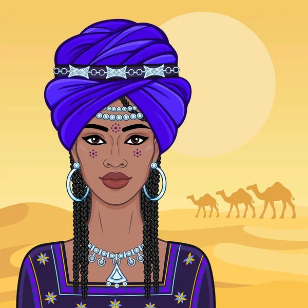 Animation Portrait Beautiful African Woman Turban Ancient Clothes Background Landscape — Stock Vector
