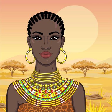 Eski giysiler ve takılar güzel Afrikalı kadın portresi. Savana Prenses, Amazon, göçebe. Arka plan - bir manzara çöl. Vektör çizim.