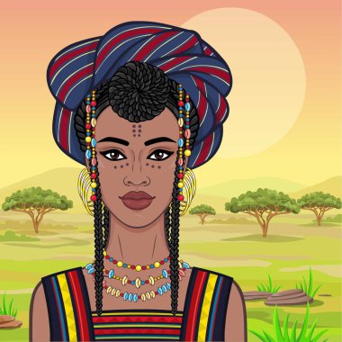 Animasyon bir türban güzel Afrikalı kadın portresi. Savana Prenses, Amazon, göçebe. Arka plan - bir manzara çöl. Vektör çizim.