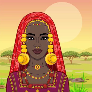 Eski giysiler ve takılar güzel Afrikalı kadın portresi. Savana Prenses, Amazon, göçebe. Arka plan - bir manzara çöl. Vektör çizim.