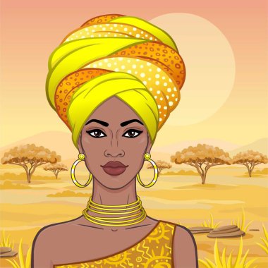 Sarık güzel Afrikalı kadın portresi. Savana Prenses, Amazon, göçebe. Arka plan - bir manzara çöl. Vektör çizim.