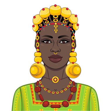 Animasyon eski giysiler ve takılar güzel Afrikalı kadın portresi. Çizim rengi. Beyaz bir arka plan üzerinde izole vektör çizim. Baskı, poster, tişört, kart.