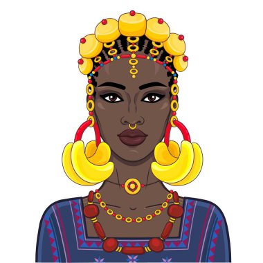 Animasyon eski giysiler ve takılar güzel Afrikalı kadın portresi. Çizim rengi. Beyaz bir arka plan üzerinde izole vektör çizim. Baskı, poster, tişört, kart.