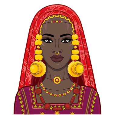 Animasyon eski giysiler ve takılar güzel Afrikalı kadın portresi. Çizim rengi. Beyaz bir arka plan üzerinde izole vektör çizim. Baskı, poster, tişört, kart.